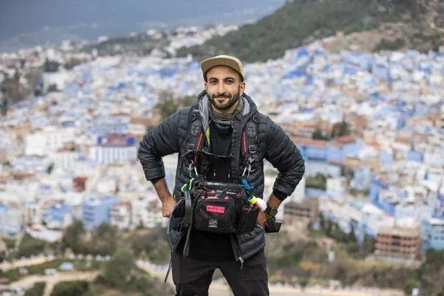 Mike Jaballah wearing his location sound kit in Morocco