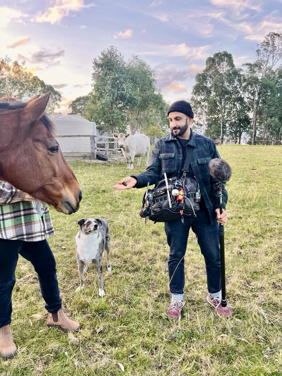 Mike holding a boom microphone beside a horse and dog in a paddock at sunset